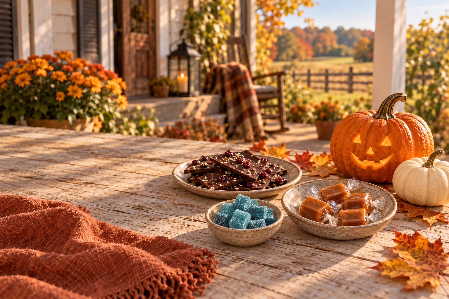 Wrapped caramels, blue gummies, chocolate bark and pumpkins on an autumn porch table