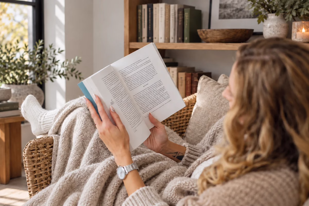 A woman reading in a wicker chair with an oatmeal blanket, knit socks and books in soft autumn daylight