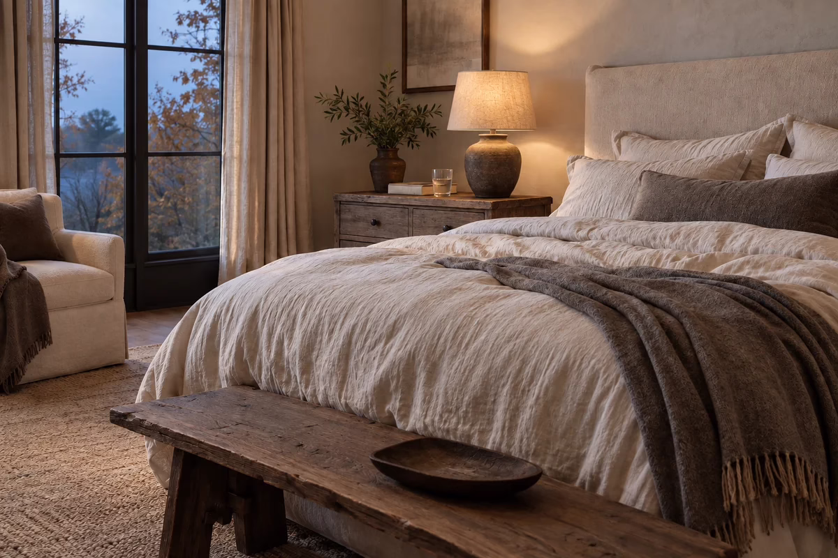 A softly lit bedroom with linen bedding, a cashmere blanket and a bedside book at dusk